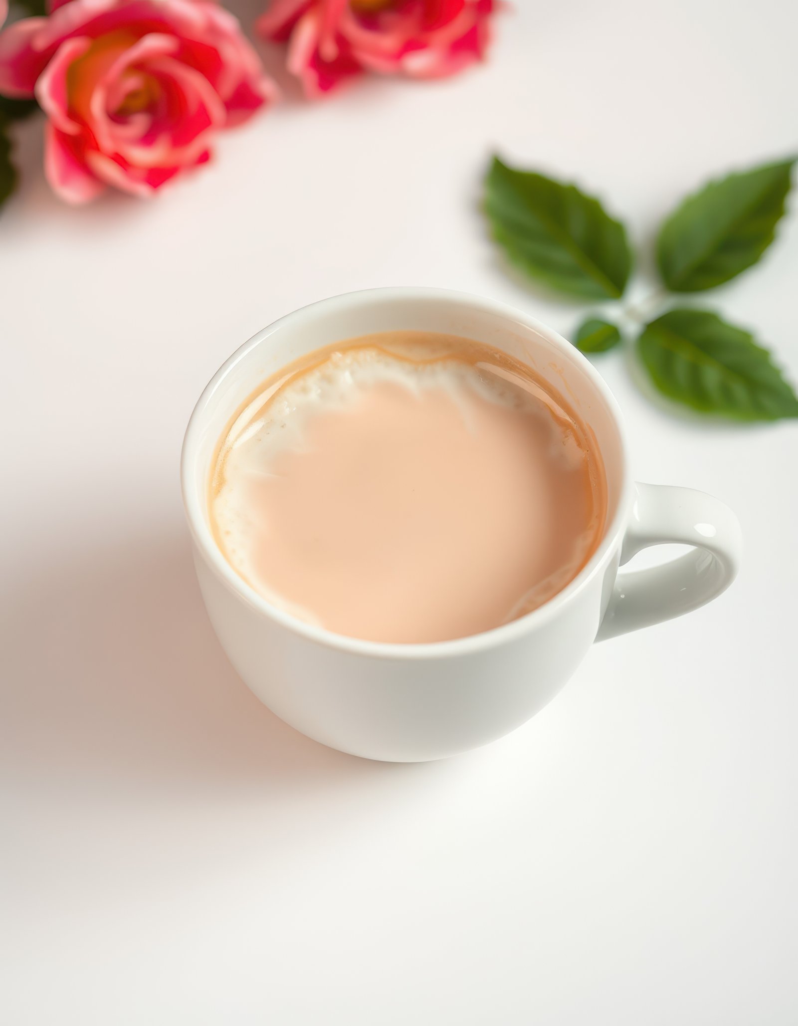 Warm cup of coffee beside fresh roses on a white surface creating a cozy atmosphere